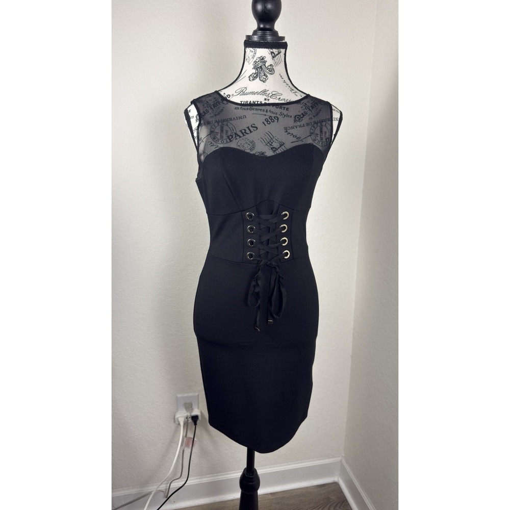 Guess Womens Dress Black Size XS Mesh Corset Lace-Up Bodycon Cocktail Midi Party